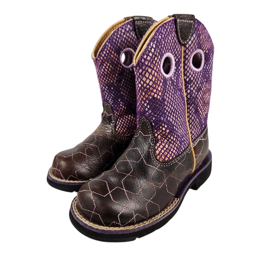 Ariat Fat Baby Brown Purple Leather Faux Snakeskin Western Boots Kids Size 10.5